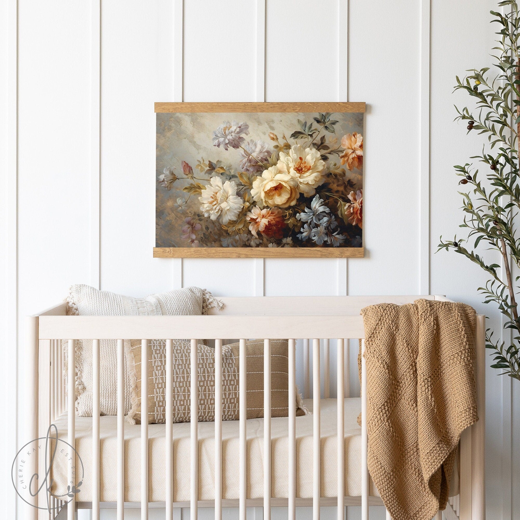 Vintage Floral | Canvas Tapestry Art | Nursery Wall Art | Girls Room Wall Decor | Vintage Floral Painting