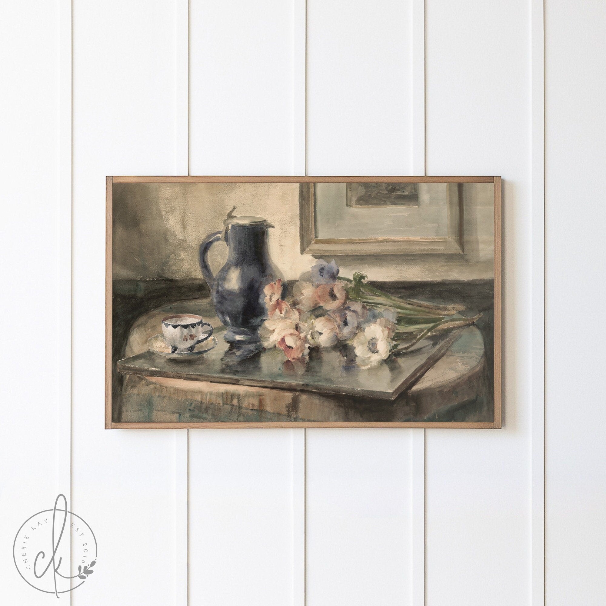 Vintage Kitchen Painting | Teacup Wall Art | Floral Framed Wall Art | Dining Room Art | Kitchen Wall Art