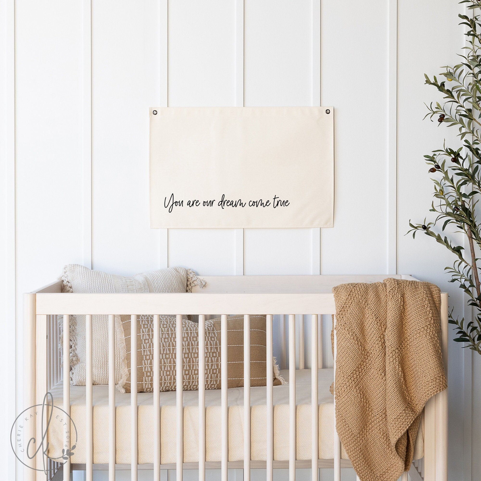 You are our dream come true quote on a canvas flag | Hanging in a trendy neutral nursery