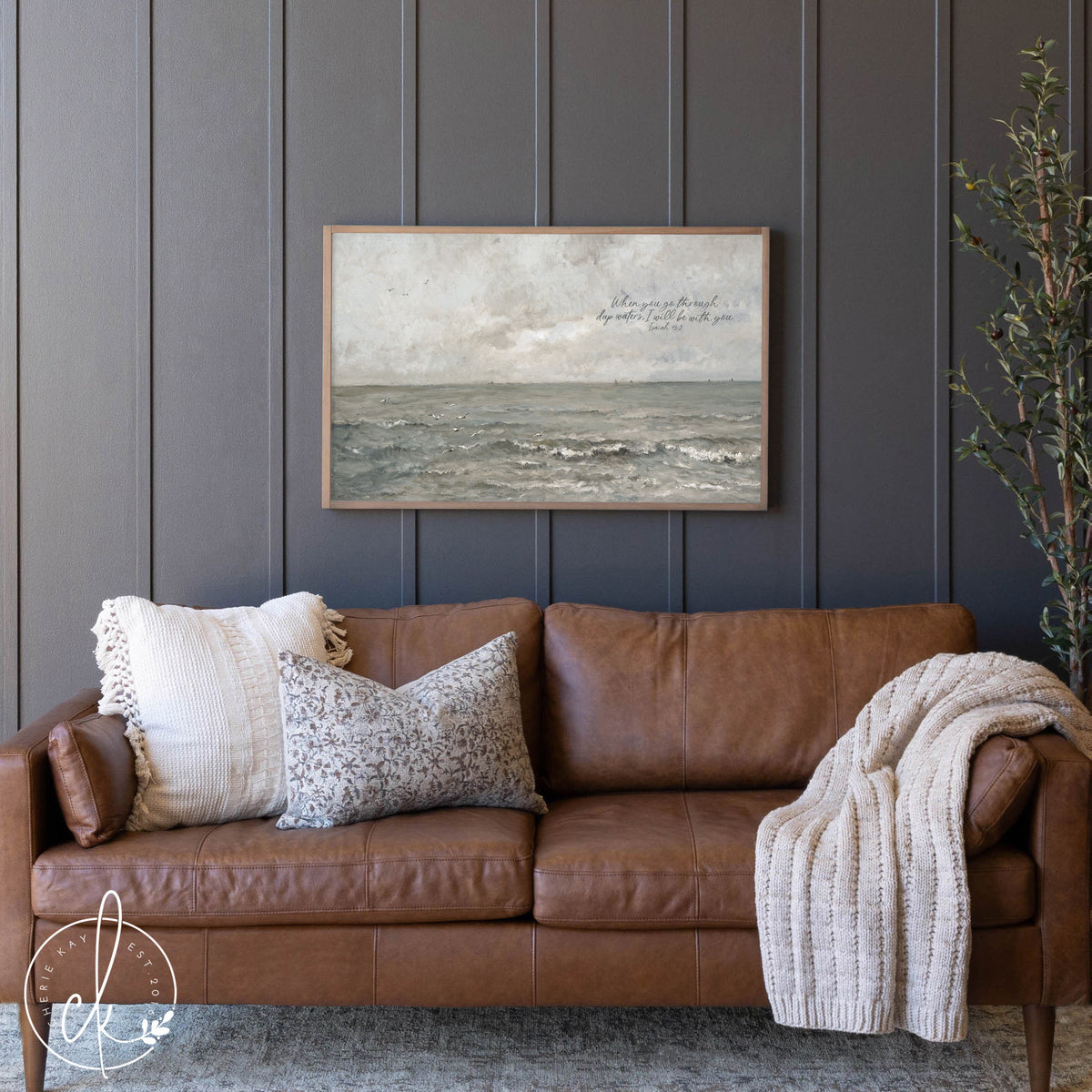 When You Go Through Deep Waters, I Will Be With You | Framed Wall Art | Vintage Ocean Painting | Isaiah 43:2 | Christian Home Decor | W118
