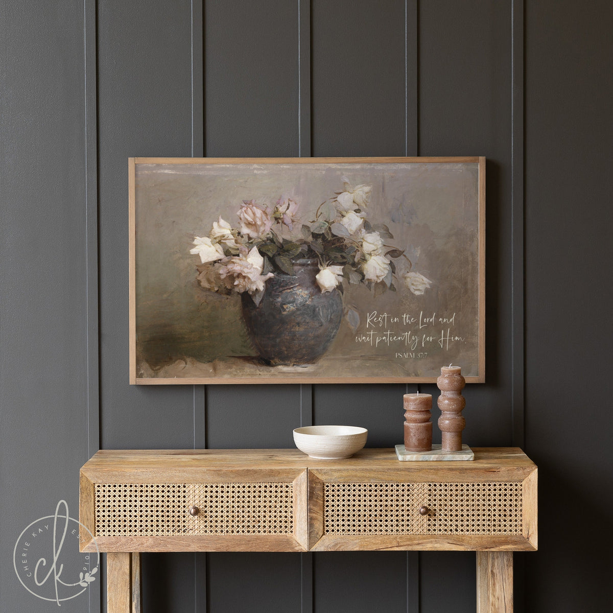 Rest In The Lord And Wait Patiently For Him | Vintage Botanical Framed Wall Art | Painting With Scripture | Psalm 37:7 | W119