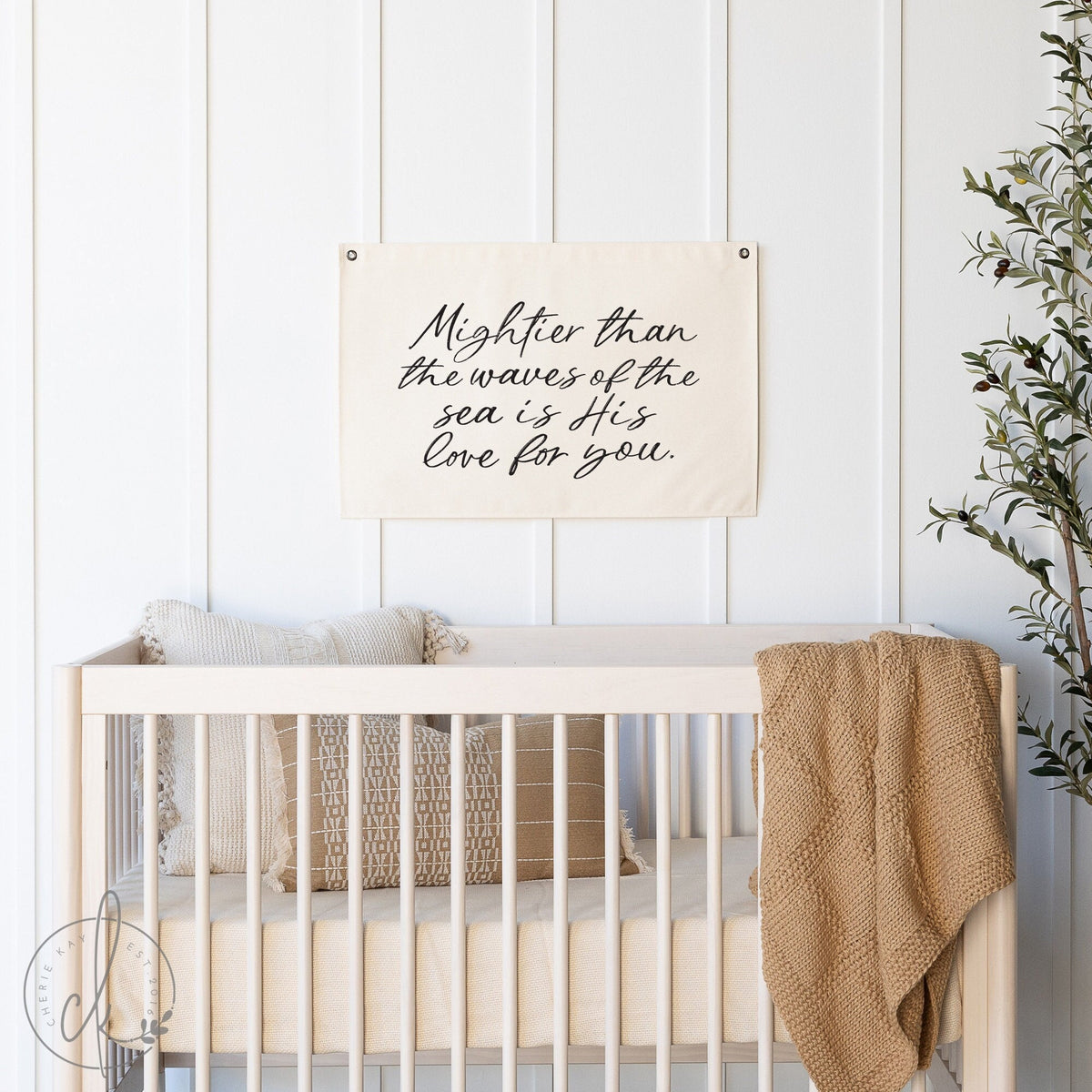 Mightier Than The Waves Of The Sea Is His Love For You printed on a canvas flag