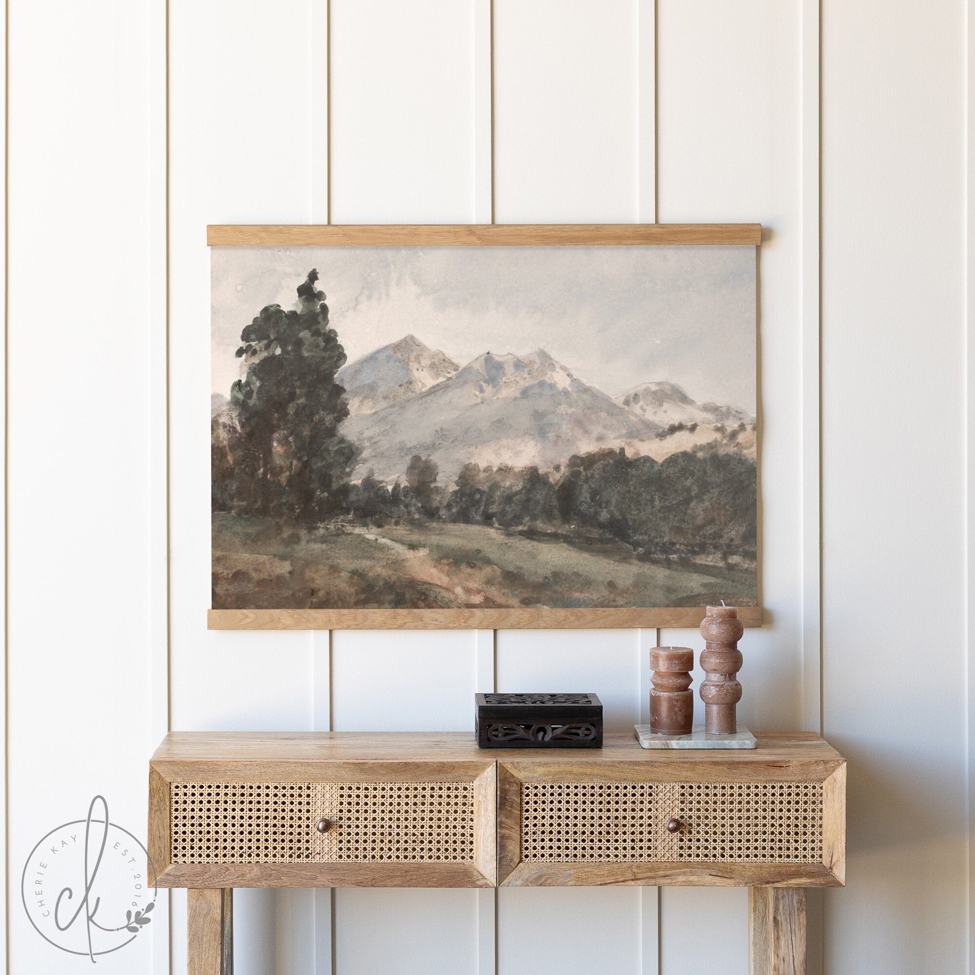 Vintage Watercolor Mountains Painting | Canvas Tapestry | Large Painting | Entryway Wall Decor | Living Room Art
