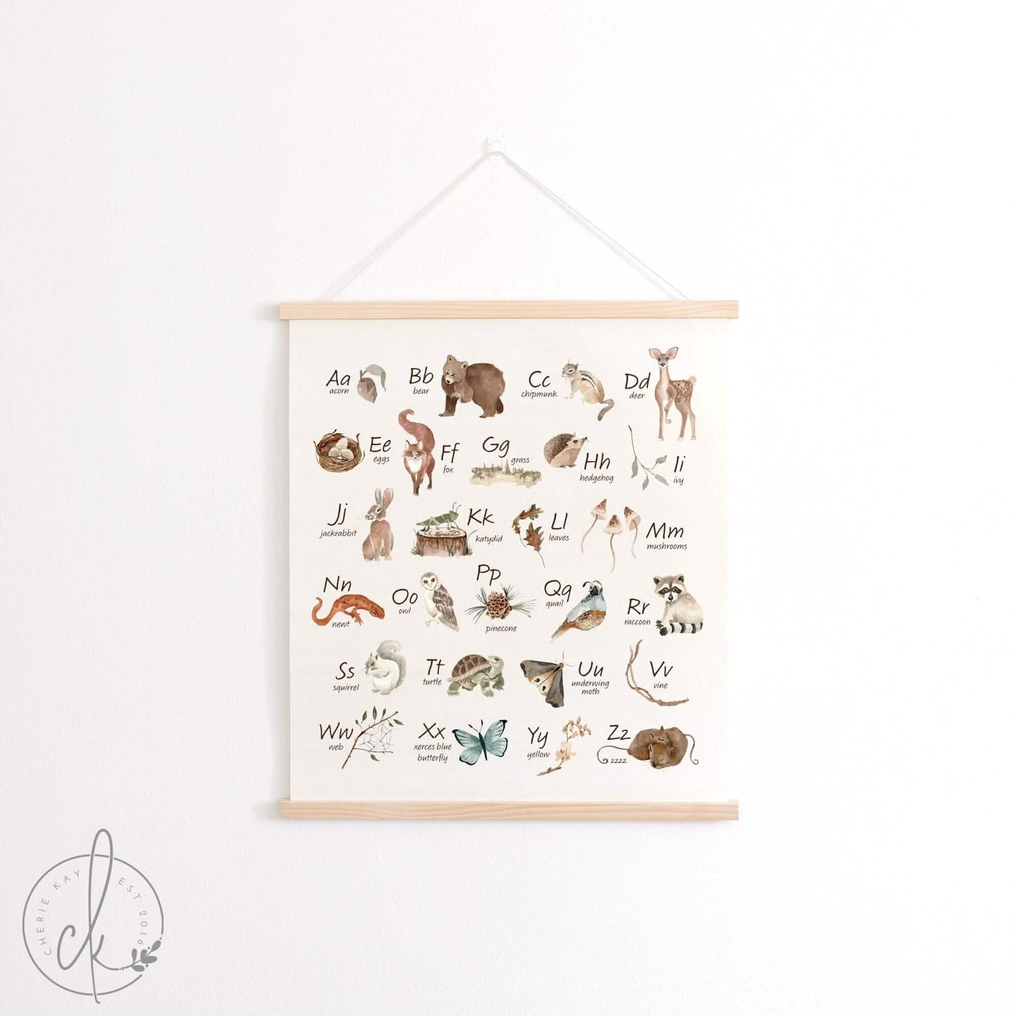 Woodland animal alphabet canvas wall art with A-Z letters and cute forest animals, hanging in a classroom
