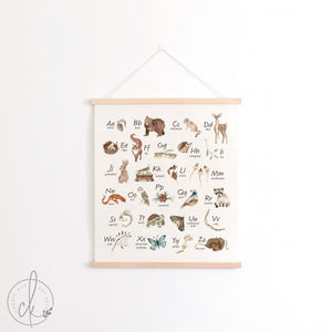 Woodland animal alphabet canvas wall art with A-Z letters and cute forest animals, hanging in a classroom