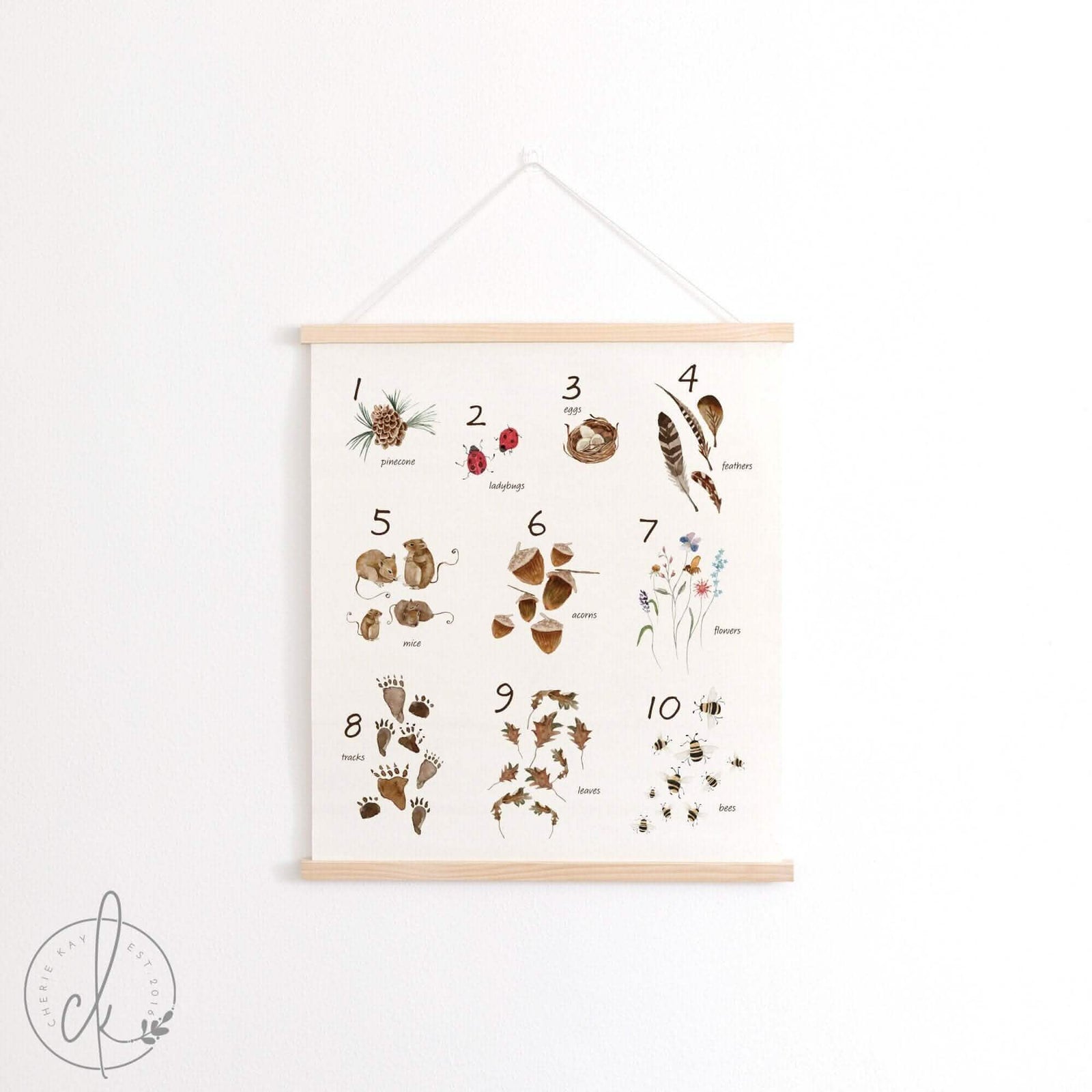 Fabric canvas wall hanging with numbers 1–10 and cute woodland animals.
